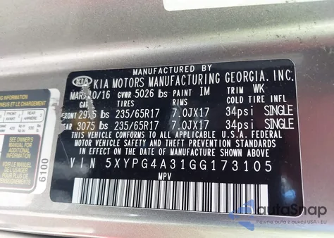 2016 Kia Sorento 2.4L Lx из США, поврежденный, VIN 5XYPG4A31GG173105